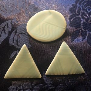 Handcrafted light blue ceramic oval pin and matching triangle earring set 1990s